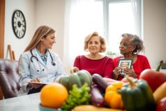 Doctor consults with patients in a brightly lit office setting. The image features a female doctor, two patients, and a table with fruits and vegetables. Focus is on healthcare and wellness.