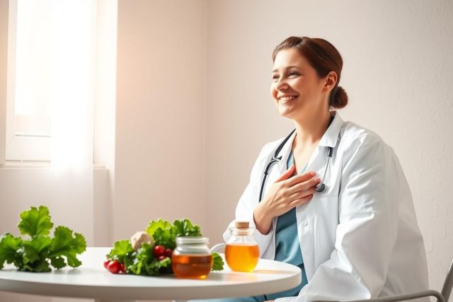 Smiling female doctor in white coat, stethoscope, promotes healthy eating. Fresh produce and honey on table, bright, warm lighting, wellness concept.