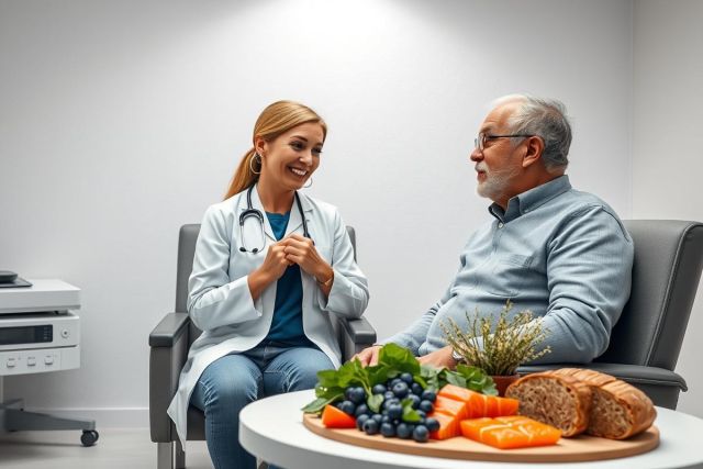 Doctor consults with a senior patient in a modern clinic. The scene features a healthy food display of fruits and bread. Warm lighting highlights the interaction, emphasizing wellness and preventative healthcare. Focus on doctor, patient, nutrition, and medical consultation.