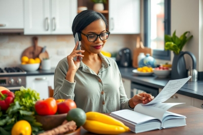 This is a photograph of a woman multitasking in her kitchen. She's holding a phone to her ear while also looking at an open book, which appears to be a cookbook.