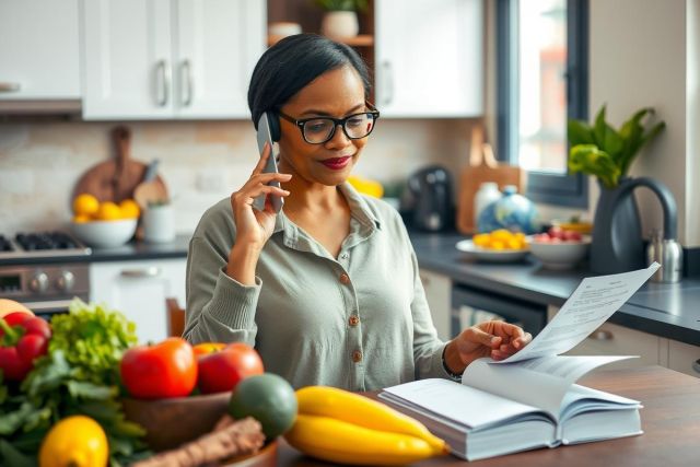 This is a photograph of a woman multitasking in her kitchen. She's holding a phone to her ear while also looking at an open book, which appears to be a cookbook.