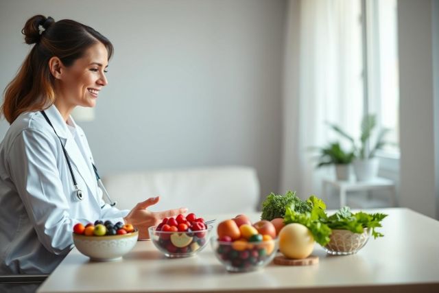 A female doctor in a white coat smiles while consulting about healthy eating. Bowls of fresh fruits and vegetables, including berries, melon, and leafy greens, are displayed on a table in a bright, modern office setting, emphasizing nutrition and wellness.