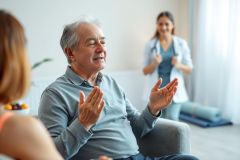 Senior man smiling and gesturing while receiving in-home care. A healthcare professional is visible in the background, demonstrating exercises in a bright, modern living room. Focus on senior health, home care, and wellness.
