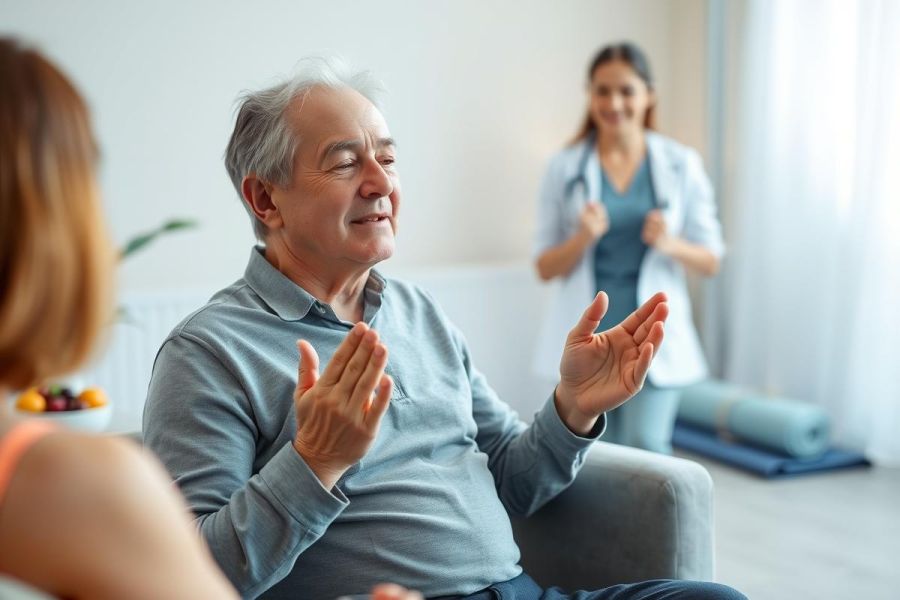 Senior man smiling and gesturing while receiving in-home care. A healthcare professional is visible in the background, demonstrating exercises in a bright, modern living room. Focus on senior health, home care, and wellness.