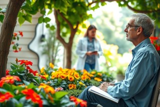 An older man is seated outside at a table, surrounded by plants and flowers. He holds a notepad, pen in hand, seemingly lost in thought or possibly taking notes. The garden is vibrant with red and yellow flowers.