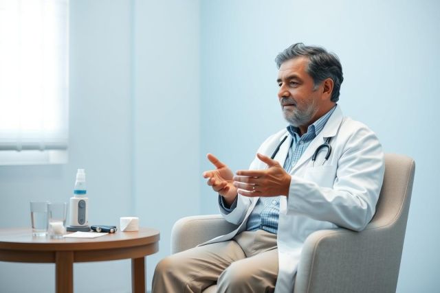 A male doctor in a white coat and stethoscope sits in a medical office, gesturing during a consultation. The room features a light blue color scheme and a small table with medical supplies. Healthcare professional, doctor, consultation, medical office, healthcare.