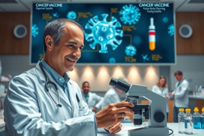 The image depicts a scientific laboratory with multiple scientists working. A central figure, possibly the lead researcher or a doctor, is seated in front of a microscope and appears to be examining samples under magnification. The environment suggests a focus on medical or biological research, indicated by the presence of various lab equipment and chemicals.