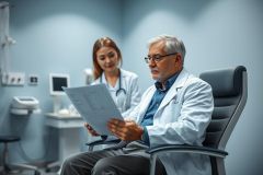 Doctor reviewing patient records in a modern clinic. A female healthcare professional stands nearby with a stethoscope. Blue and gray tones dominate the scene, showcasing a professional medical consultation setting.