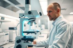 Scientist working in a modern laboratory, examining a sample under a microscope. The image showcases a clean, white research environment with bright lighting and focuses on scientific research and analysis. Blue and white color palette.