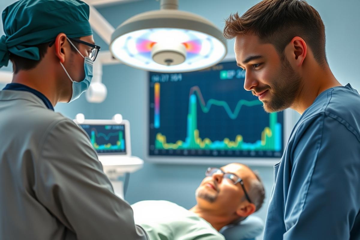 The image depicts a hospital setting with three medical professionals attending to a patient on a stretcher. The individuals are wearing surgical gowns, gloves, and face masks typical of healthcare personnel in an operating room environment.