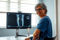 A female doctor examines an X-ray of a knee on a computer screen. She's wearing a blue scrubs and glasses, suggesting a medical setting for diagnosis and patient care.