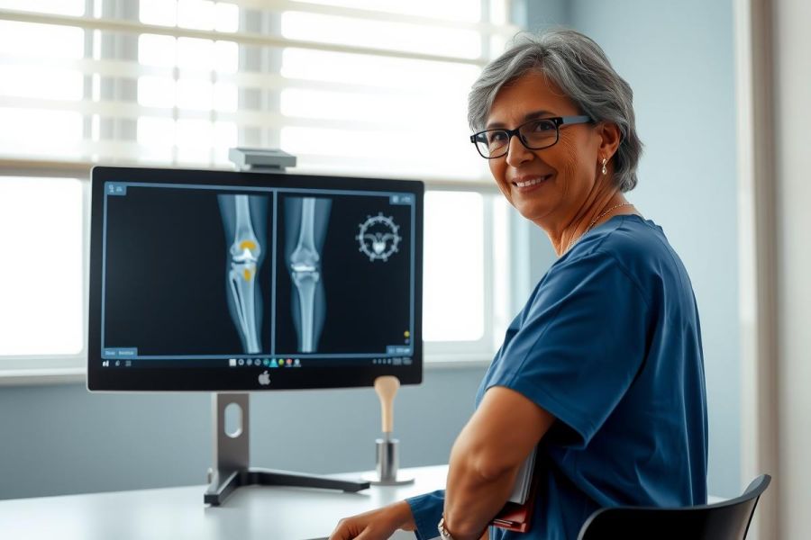 A female doctor examines an X-ray of a knee on a computer screen. She's wearing a blue scrubs and glasses, suggesting a medical setting for diagnosis and patient care.