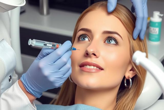 The image shows a woman seated in a dental or medical chair, getting her eyebrows done. A professional, wearing gloves and eye protection, is injecting the area around the eyebrows with what appears to be a botox treatment or similar cosmetic procedure. The environment suggests a clinical setting, likely a beauty salon or a medically equipped establishment. The woman's facial expression is neutral, and she looks directly at the camera, indicating her awareness of being photographed during the process.
