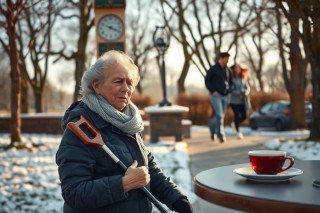 Older woman sitting at outdoor café with cup of tea, holding walking stick. She is looking off to the side, enjoying a sunny winter day. In background, other people are visible, including a couple sitting at another table, and clock tower can be seen in distance.