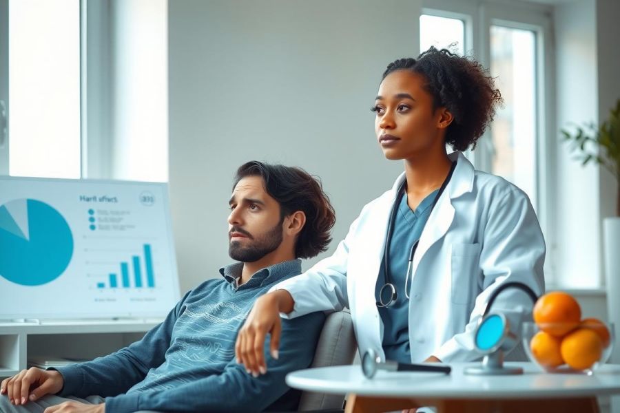 Doctor consults patient in a modern office setting. Healthcare professional in white coat, male patient seated. Bright, clean environment with charts and fruit visible. Focus on medical consultation.