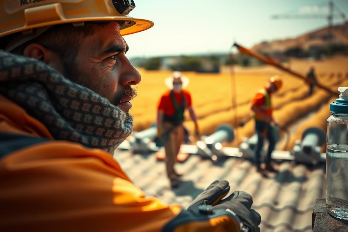 In the image, we see a construction site where several workers are diligently at work. The main subject of the photo is a man in safety gear standing on top of what appears to be a building under construction.