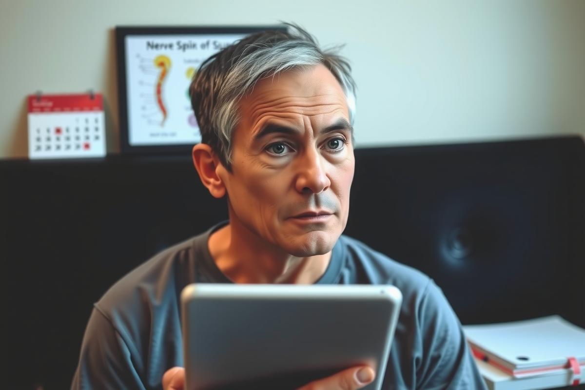 Man sitting in a room, holding an iPad and looking at its screen with a focused expression.