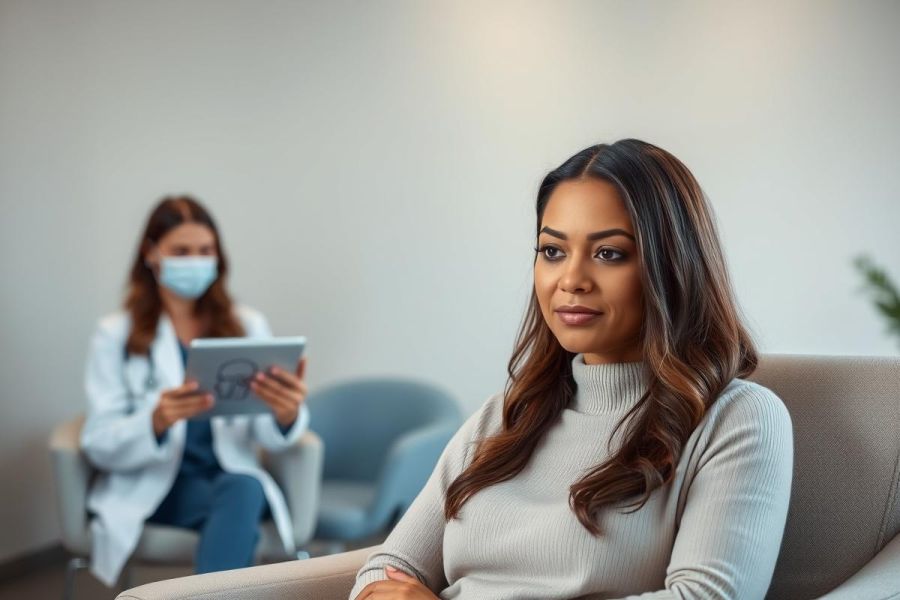 Patient consultation in a modern medical clinic. A woman sits thoughtfully while a doctor wearing a mask reviews a tablet in the background. Neutral tones and clean lines create a professional healthcare setting. Focus on patient care and medical technology.