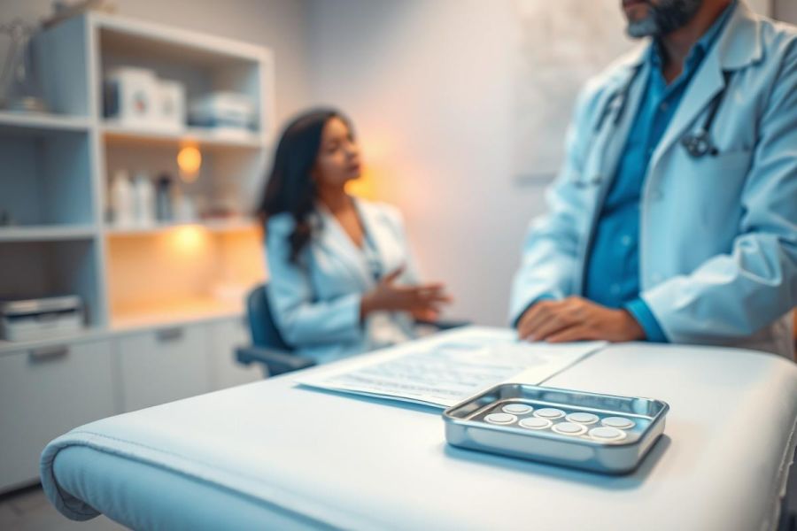 Doctor-patient consultation in a bright, modern medical office. A doctor in a white coat discusses with a woman while pills are visible on a table. Healthcare, medicine, and wellness themes are present.
