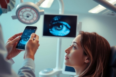The image shows a modern healthcare setting with a professional environment. At the center, there is an examination table where a woman sits, possibly for a medical procedure or consultation. A male doctor is holding up a smartphone displaying images of human eyes, which could be part of his presentation on eye health to the patient. 