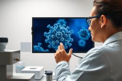 Scientist examining a virus image on a computer screen in a lab. Focus on research, healthcare, and virus study. White coat, blue background, and laboratory setting.