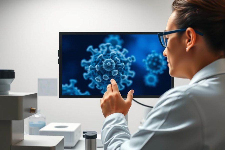 Scientist examining a virus image on a computer screen in a lab. Focus on research, healthcare, and virus study. White coat, blue background, and laboratory setting.
