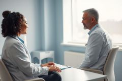 Doctor patient consultation in a bright, modern clinic. A female doctor in a white coat smiles while speaking with a mature male patient. The image features a light blue color palette and a focus on healthcare communication and professional medical care.