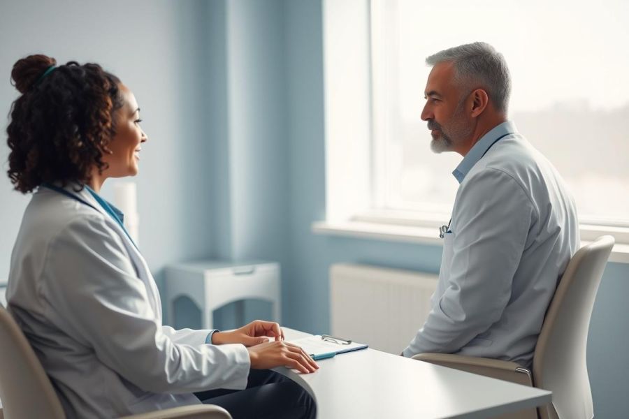 Doctor patient consultation in a bright, modern clinic. A female doctor in a white coat smiles while speaking with a mature male patient. The image features a light blue color palette and a focus on healthcare communication and professional medical care.