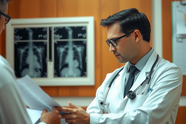 The image depicts a medical office setting with two individuals. One man is seated, wearing glasses and a suit with a stethoscope around his neck. He appears to be examining or listening through the stethoscope. 