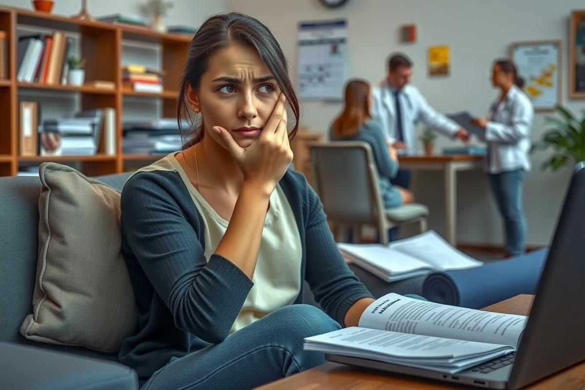 The image shows a woman sitting in an office setting with a pensive or confused expression. She is holding her hand to her chin, possibly indicating frustration or confusion.