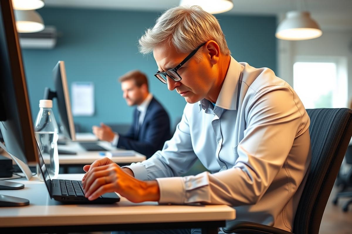 The image depicts a man seated at a desk in an office environment. He is wearing glasses and has his hands on a laptop keyboard, appearing focused or possibly frustrated by the content he's viewing on the screen.
