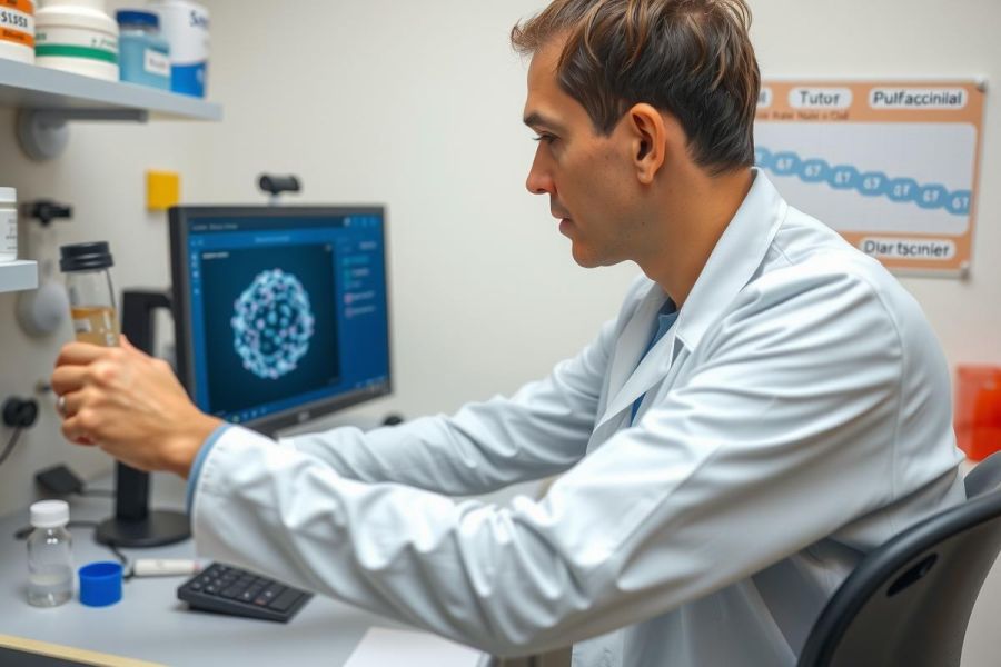 The image shows a scientist working in a laboratory. He is seated at a desk with various pieces of scientific equipment, including a microscope and a monitor displaying what appears to be a molecular model.
