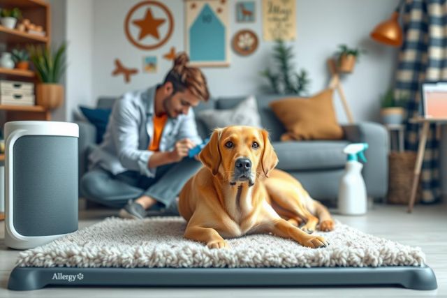 A man sitting on a couch with a Golden Retriever dog. The environment includes home furnishings and smart home devices, such as a speaker, air purifier, and smart scale.