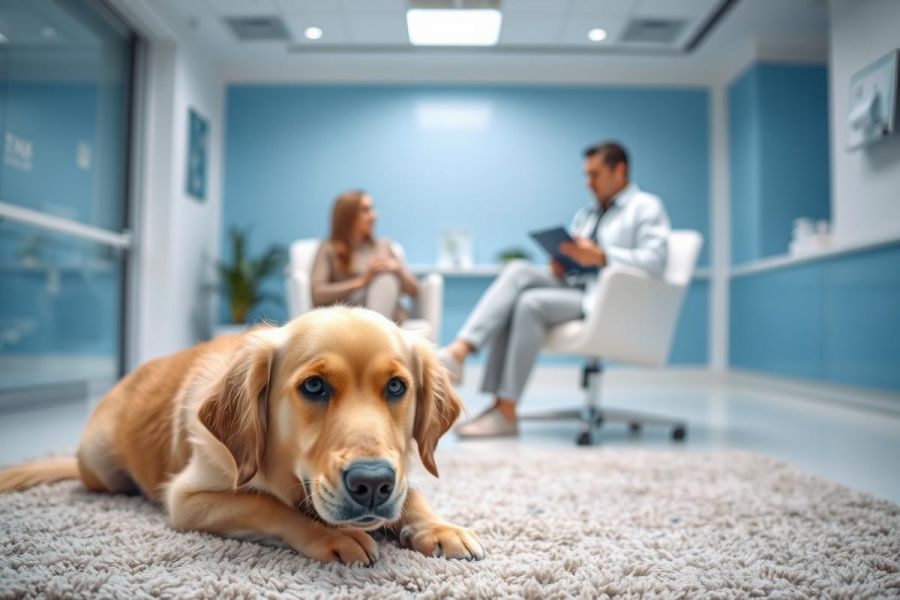 Golden retriever rests on rug in a modern office setting. Blurred background shows a doctor consulting with a patient. Blue walls, soft lighting, and a calm atmosphere suggest a therapy or wellness environment.