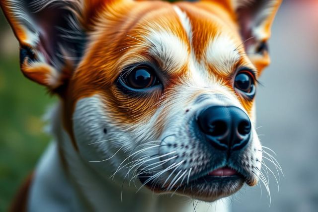 This image features a close-up of a dog's face, possibly a Jack Russell Terrier, characterized by its large eyes and black nose. 