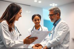 Three healthcare professionals, including doctors, in a modern medical office reviewing patient documents. The scene showcases teamwork and a clinical environment with a focus on patient care and medical consultation. White coats and stethoscopes are visible.
