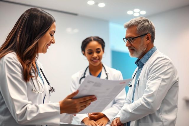 Three healthcare professionals, including doctors, in a modern medical office reviewing patient documents. The scene showcases teamwork and a clinical environment with a focus on patient care and medical consultation. White coats and stethoscopes are visible.