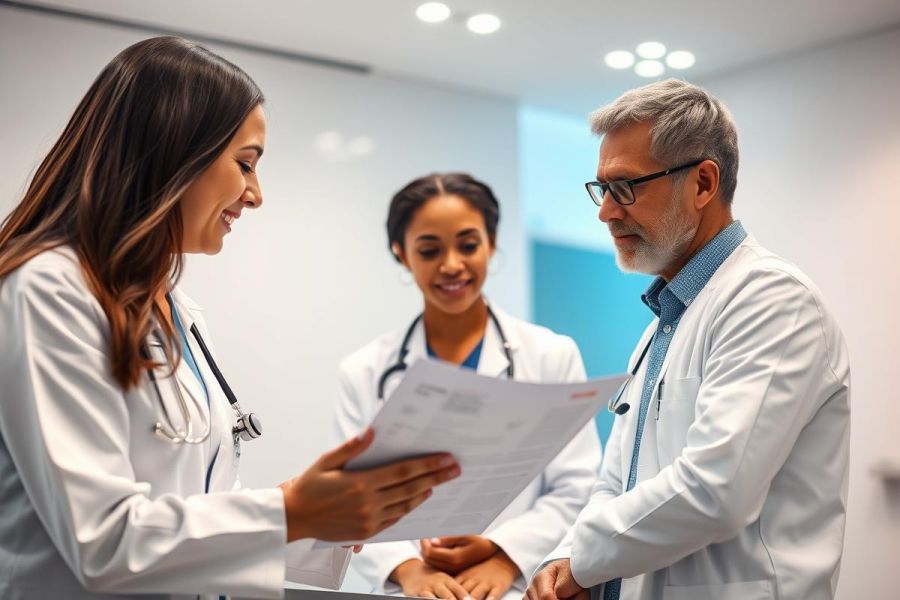 Three healthcare professionals, including doctors, in a modern medical office reviewing patient documents. The scene showcases teamwork and a clinical environment with a focus on patient care and medical consultation. White coats and stethoscopes are visible.