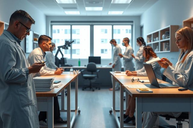 The image portrays a modern, well-equipped lab filled with scientists engaged in research and collaboration. They are surrounded by various pieces of scientific equipment such as microscopes, test tubes, and computers.