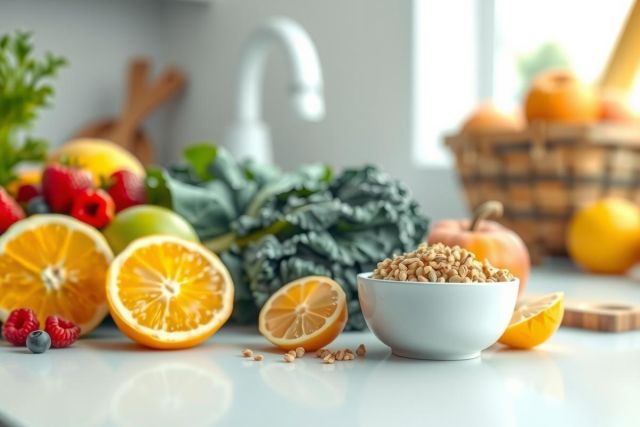 Fresh citrus fruits, including oranges and lemons, alongside a bowl of granola and vibrant green kale. A healthy breakfast or snack concept with a bright, natural light setting.
