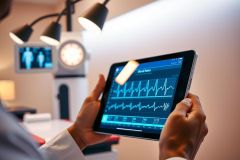 Doctor examining a patient's ECG results on a tablet in a medical setting. White coat, digital display, healthcare technology, clinical environment. Focus on patient monitoring and diagnostics.