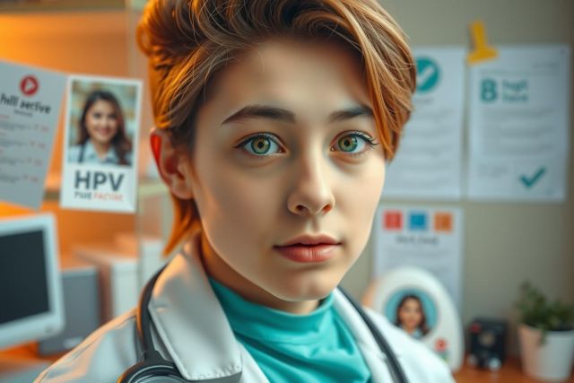 The image depicts a young person with short, dyed red hair and striking blue eyes. The individual is dressed in a white medical coat over a green scrub top and pants, indicating they are portraying the role of a doctor or healthcare worker.