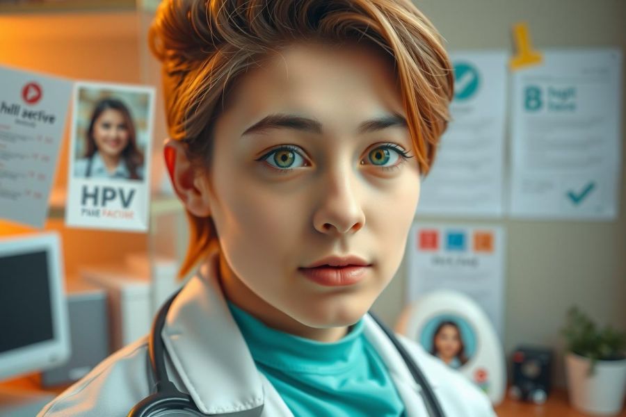 The image depicts a young person with short, dyed red hair and striking blue eyes. The individual is dressed in a white medical coat over a green scrub top and pants, indicating they are portraying the role of a doctor or healthcare worker.