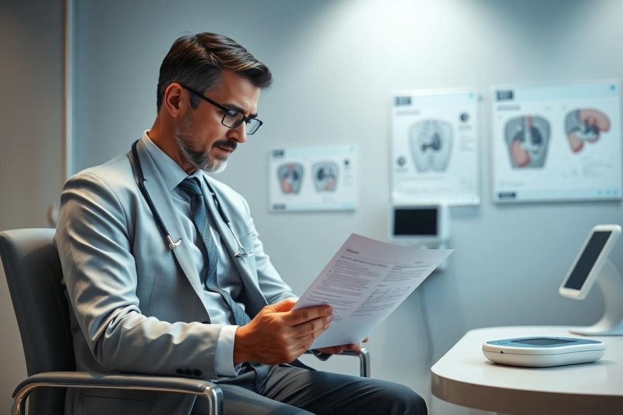 Doctor reviewing medical records in a modern clinic. The man in glasses examines documents with X-ray images displayed on the wall. Healthcare professional, medical examination, diagnostic imaging, blue and gray tones.
