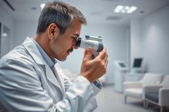 An optometrist examines a patient's eyes using diagnostic equipment in a modern, brightly lit clinic. The doctor, wearing a white coat, focuses intently while using the instrument. The scene features neutral colors and a clean, professional healthcare environment, suggesting eye care services and medical examinations.