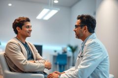 Doctor consults with a patient in a modern, bright medical office. Focus on healthcare, consultation, and medical professional. Blue and white tones create a clean, professional atmosphere. Patient and doctor engaged in conversation.