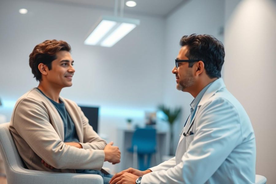 Doctor consults with a patient in a modern, bright medical office. Focus on healthcare, consultation, and medical professional. Blue and white tones create a clean, professional atmosphere. Patient and doctor engaged in conversation.