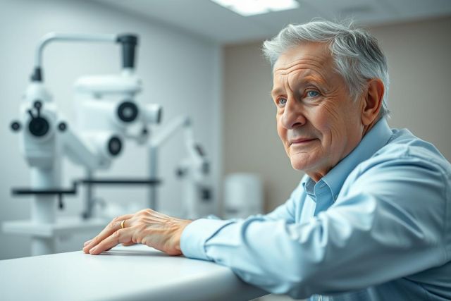 Senior man at an eye exam. Portrait of an elderly gentleman in a clinic setting with an ophthalmic microscope in the background. Soft lighting, blue shirt, grey hair. Focus on eye health, vision care, and senior health services.