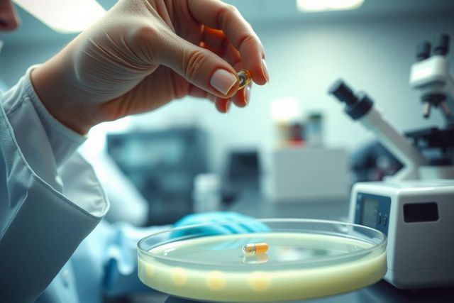 Lab technician handling a small sample in a petri dish. Close-up of a lab setting with scientific equipment. Focus on precision and research. Yellow, blue, and white tones.