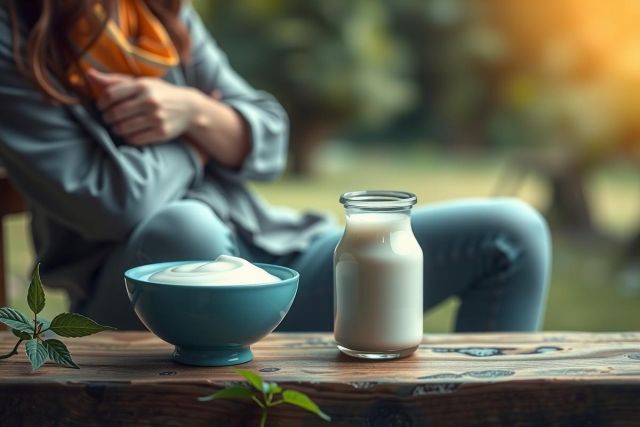 In the image, there is a person seated at a table outdoors. The individual appears to be holding their head and seems contemplative. On the table, there are two items: a bowl of food and a glass container that could be either milk or cream.